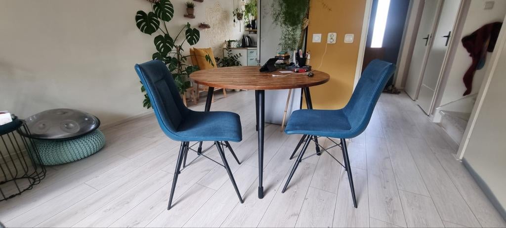 4 mooie stoelen, petrol stof/leer, t.ea.b., Ophalen, Gebruikt, Blauw, Leer