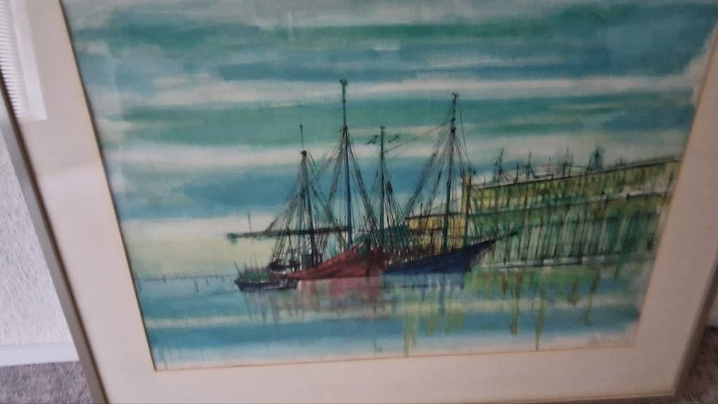 Schilderij: Havenzicht met zeilschepen, Antiek en Kunst, Ophalen of Verzenden