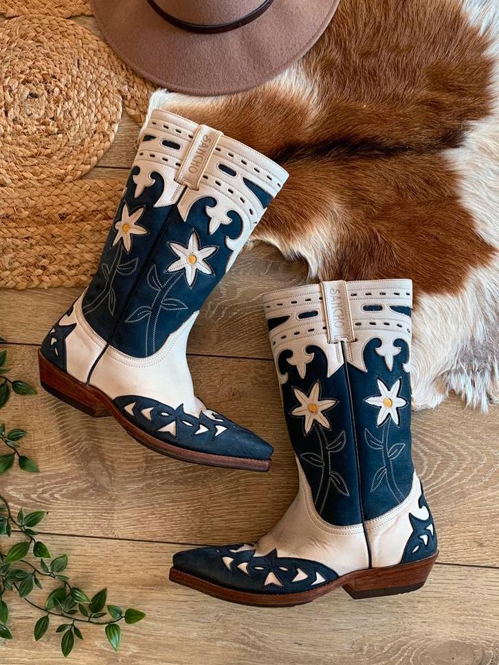 Sancho flowerboots 37 western boots bohemian laarzen, Hoge laarzen, -, Blauw, -