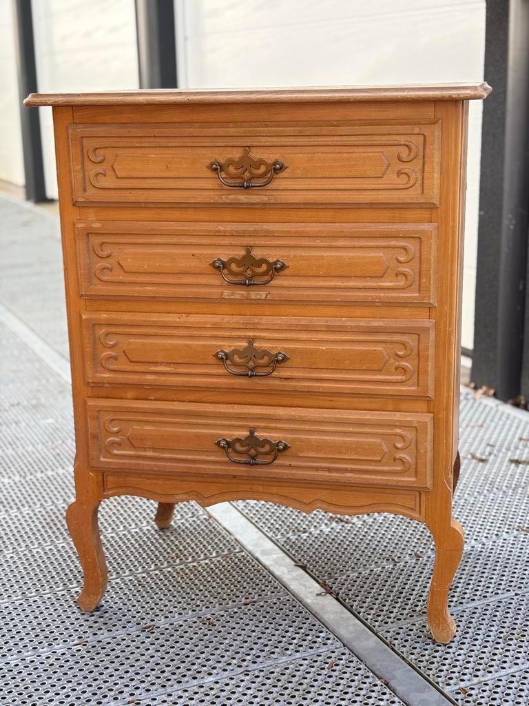 Vintage Houten ladekast met 4 laden, Ophalen, Minder dan 50 cm, Gebruikt, 3 of 4 laden