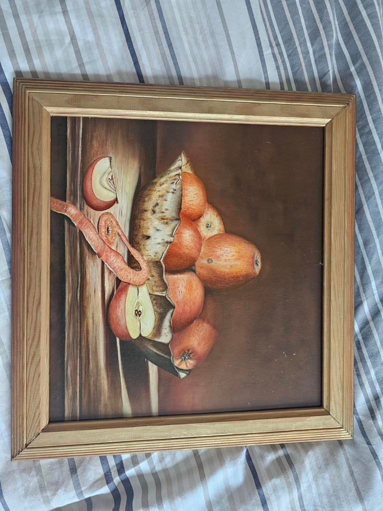 Stillevenschilderij met appels in houten lijst, Ophalen