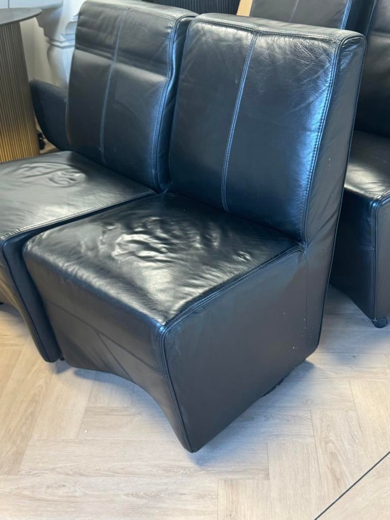 Set van 4 zwarte leren stoelen, Gebruikt, Zwart, Leer, Ophalen of Verzenden