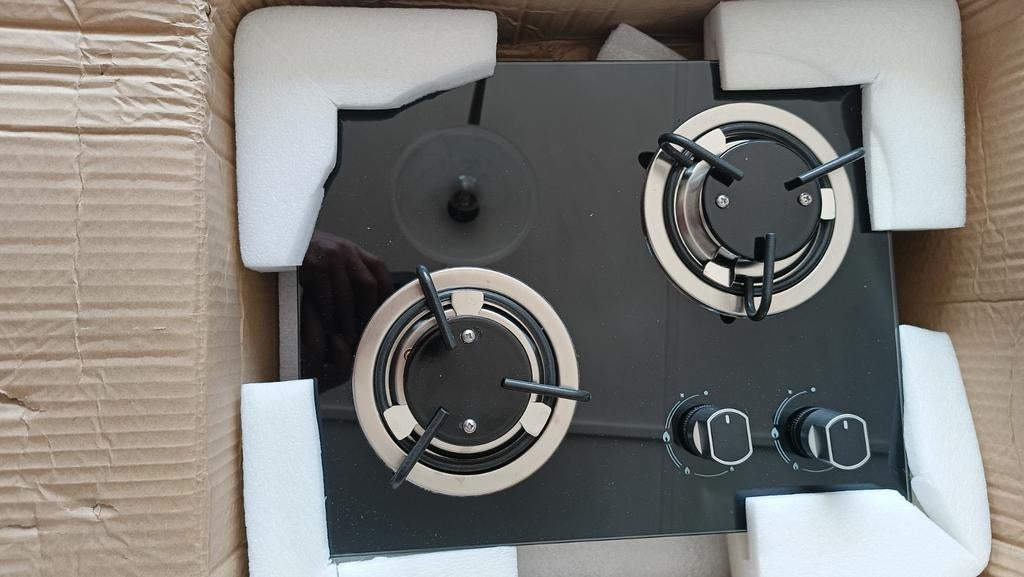 Nieuwe Inbouw Gaskookplaat - 2 Pitten - Zwart Glas, Witgoed en Apparatuur, Kookplaten, Nieuw, 3 kookzones of minder, Ophalen of Verzenden