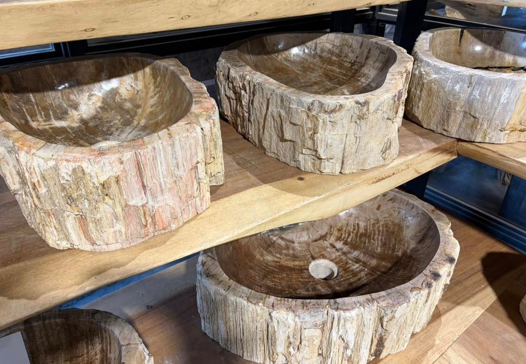 Unieke versteendhouten kommen kom wasbak nu €199,-, Ophalen, Nieuw, Wastafel