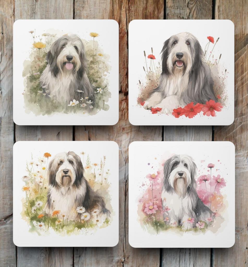 Bearded Collie Aquarel onderzetters met houder, Ophalen of Verzenden, Nieuw, Glas of Kopje