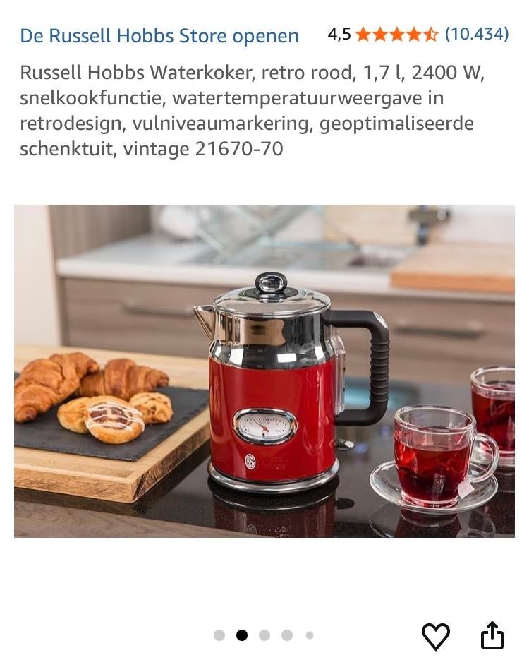 Russell Hobbs Retro Waterkoker Rood - 1.7L, 2400W, 1 tot 2 liter, Ophalen, Nieuw