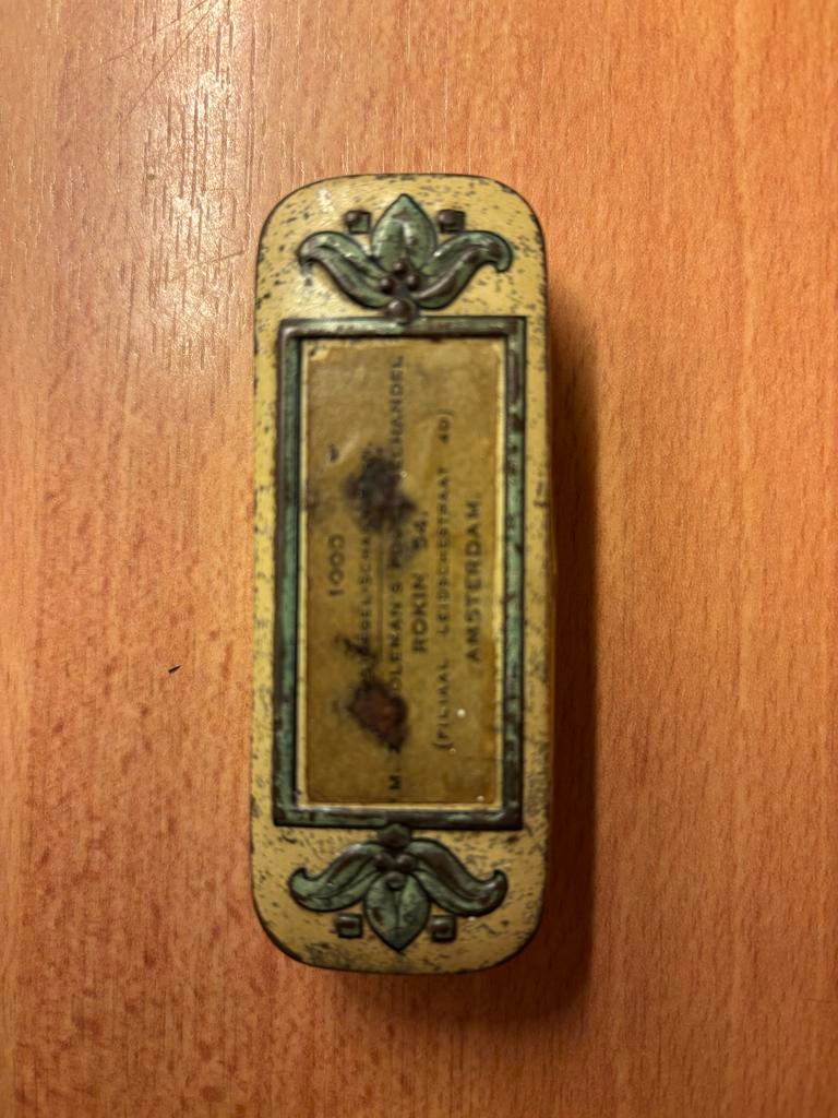 Oud postzegeldoosje Rokin Leidschestraat 40 Amsterdam, Ophalen of Verzenden, Opbergdoos