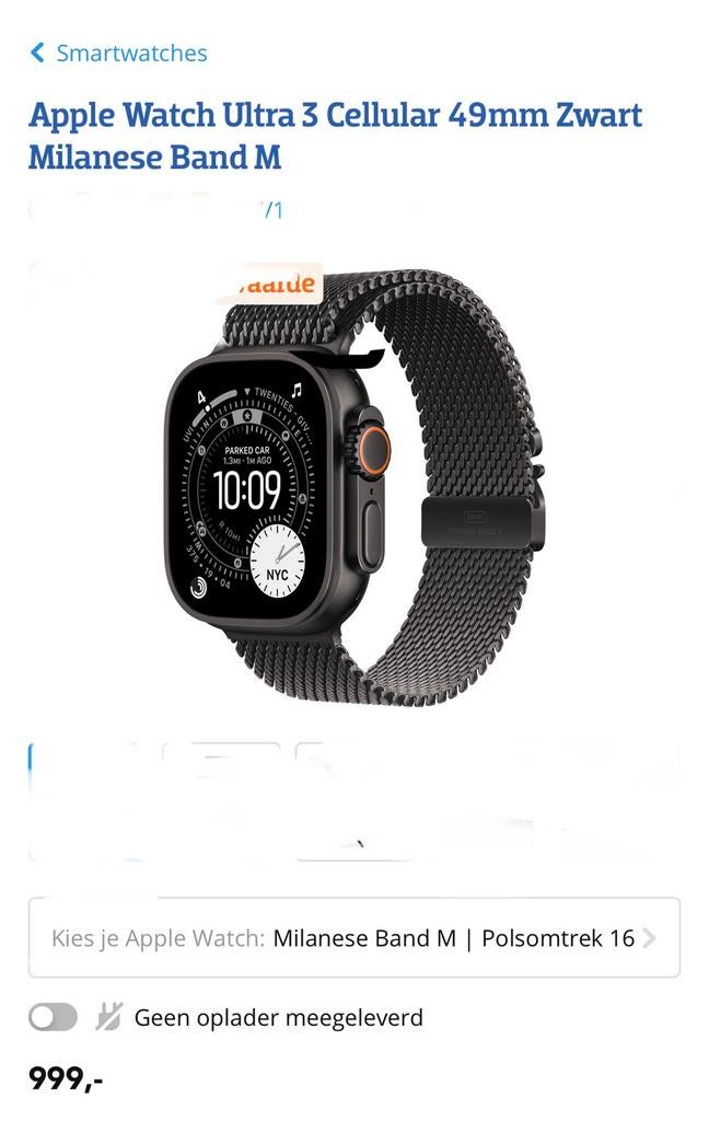Apple Watch Ultra 3Cellular 49mm Zwart Milanese Band Geseald, Zwart, IOS, Nieuw, Ophalen of Verzenden