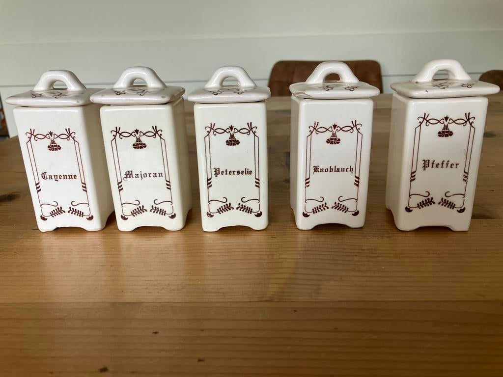 Vintage kruidenpotjes set porselein – 5 stuks – retro keuken, Antiek en Kunst, Ophalen of Verzenden