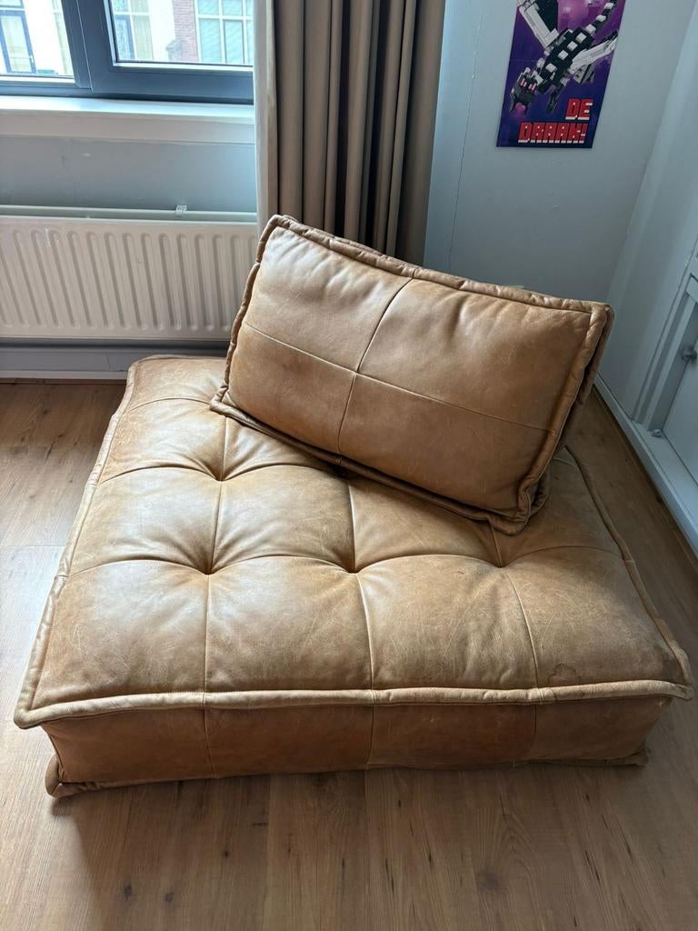 Leren poef met losse rugsteun van Loods 5, Ophalen, Gebruikt, Vierkant, 100 tot 125 cm