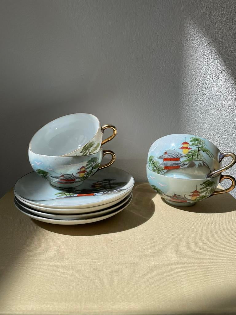 4 Vintage Japanse Satsuma Kagoshima Kopjes met Schotels, Antiek en Kunst, Antiek | Porselein, Ophalen