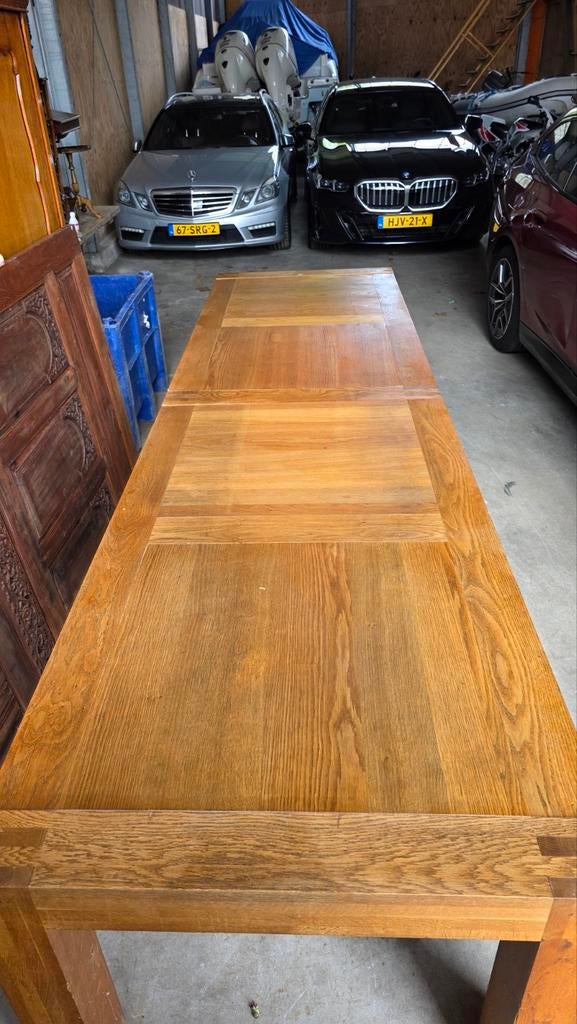 Grote massief eiken blokpoot eettafel 350 cm lang, Gebruikt, Eikenhout, 200 cm of meer, Ophalen of Verzenden