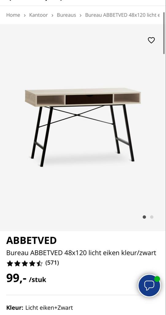 Jysk Bureau ABBETVED licht eiken kleur/zwart, Ophalen of Verzenden, Zo goed als nieuw, Bureau