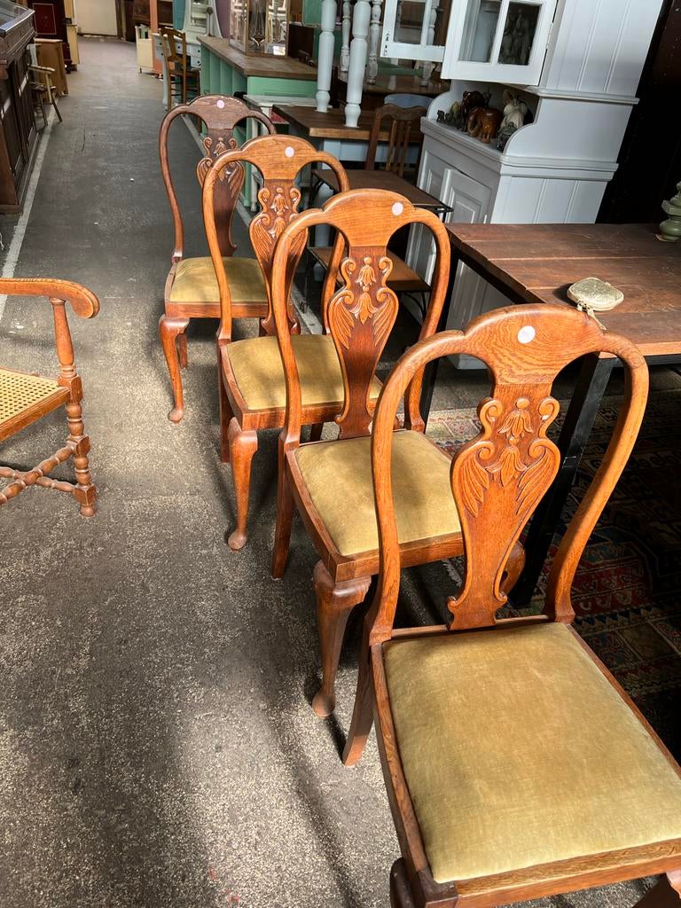 Set van 2 vintage houten stoelen met olijfgroene stof, Ophalen