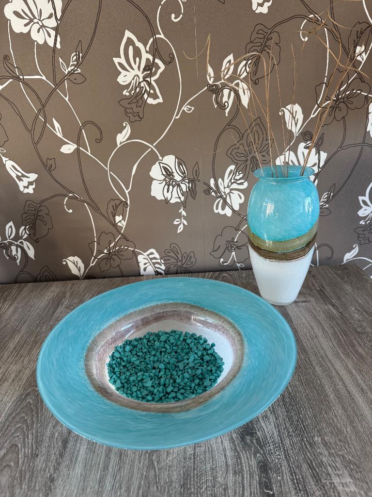 Mooi set: vaas en schaal blauw - zand - bruin - wit  GLAS, Huis en Inrichting, Woonaccessoires | Vazen, Overige kleuren, Ophalen of Verzenden