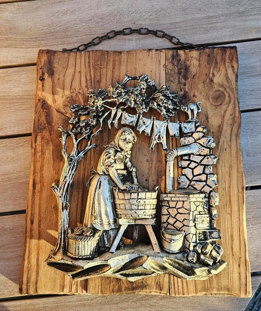 Vintage wanddecoratie met wasvrouw, Ophalen of Verzenden