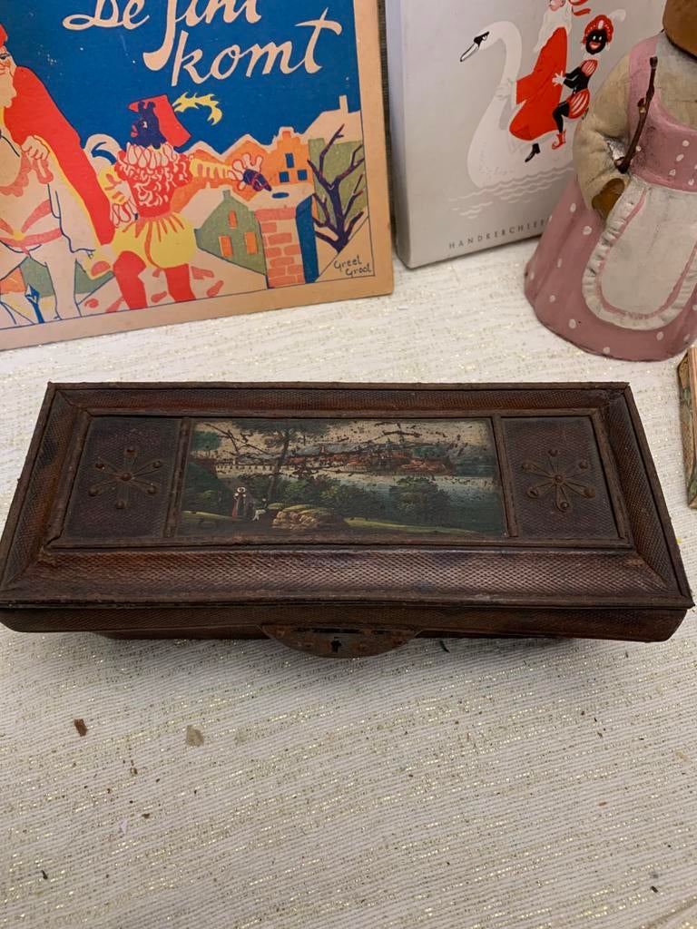 Antiek Victoriaanse Naaidoos sewingbox Landschapsschildering, Antiek en Kunst, Ophalen of Verzenden
