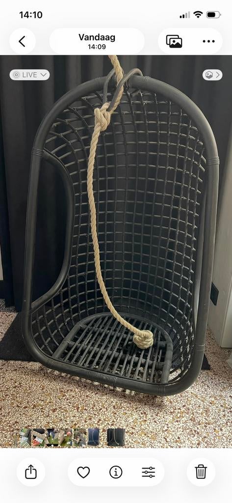 HKliving Hangende Rotanstoel - Zwart, Huis en Inrichting, Zwart, HK Living, Ophalen of Verzenden, Zo goed als nieuw