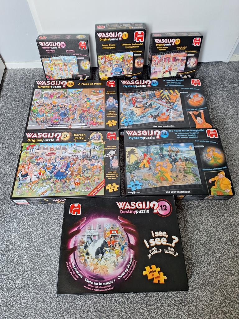 9 Wasgij puzzels, verschillende soorten, Ophalen, 500 t/m 1500 stukjes, Gebruikt, Legpuzzel