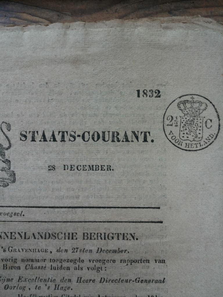 Originele Voorpagina Staatscourant 28 december 1832, Ophalen of Verzenden