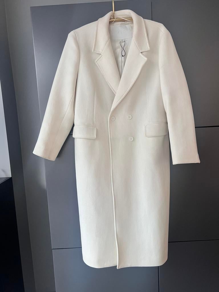 ZARA LANGE WITTE WOLLEN MANTEL COATANGE JAS MAAT XXL, Ophalen of Verzenden, Zo goed als nieuw, Maat 46/48 (XL) of groter, Wit