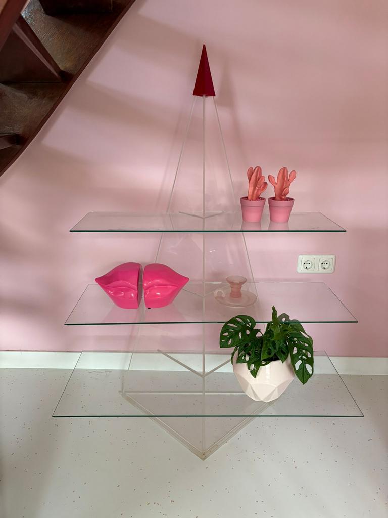 Kast van plexiglas met glazen schappen, Ophalen, Met plank(en), Gebruikt, 50 tot 100 cm