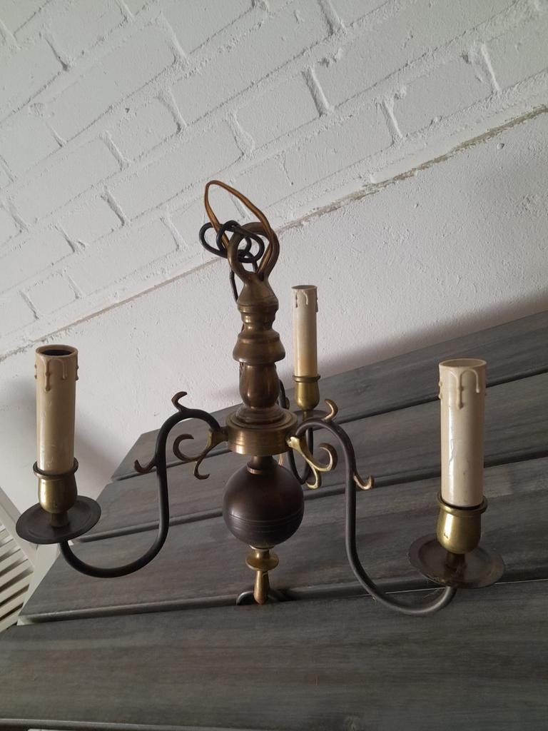 Koperen elektrische kroonluchter met 3 armen, Ophalen, Gebruikt, Metaal, Klassiek, Vintage