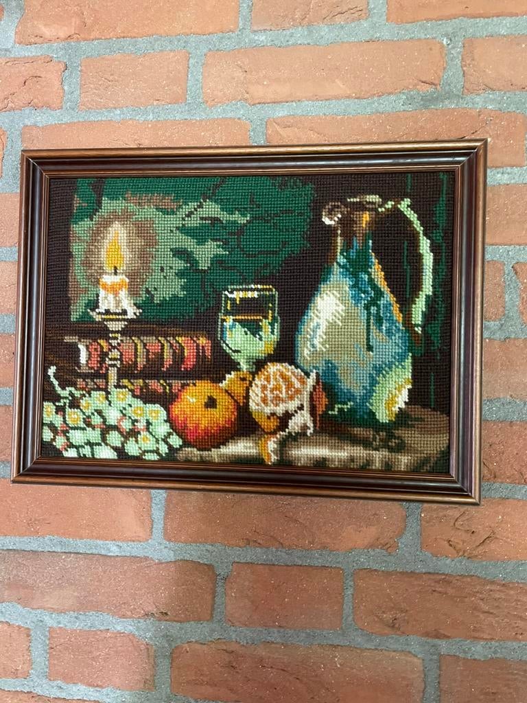 Geborduurde schilderijen / stillevens met eiken lijst, Ophalen of Verzenden