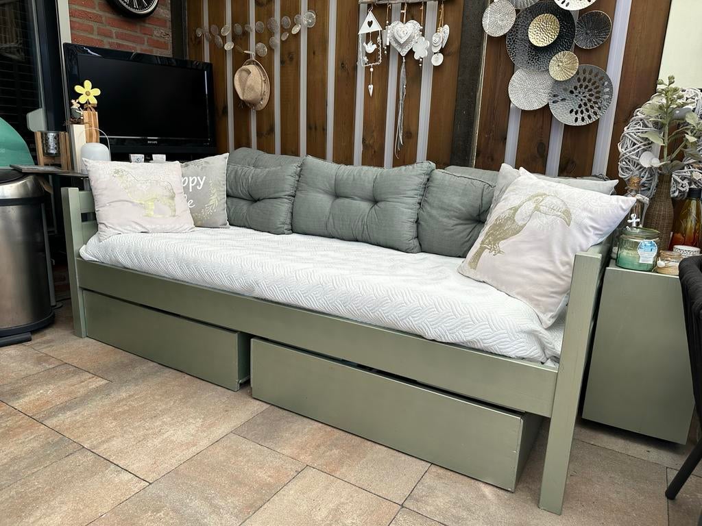 Bedbank met opberglades - Olijfgroen, Ophalen, Gebruikt, 90 cm, Eenpersoons