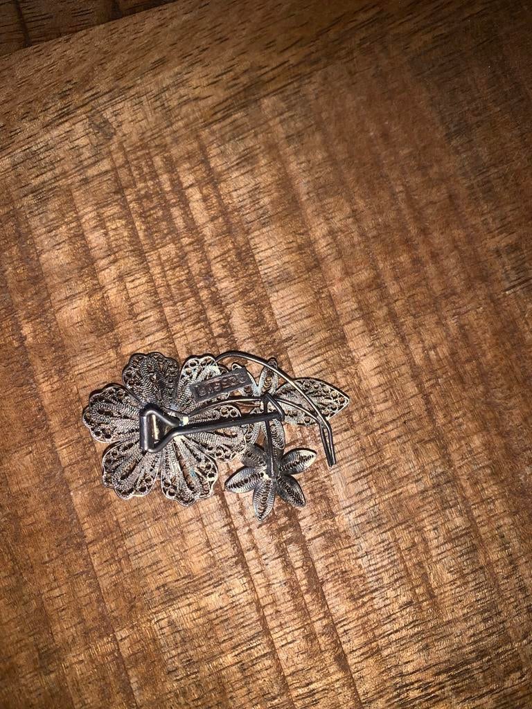 Vintage Javaanse Zilveren 925 Filigraan Broche - Bloemmotief, Ophalen of Verzenden, Zo goed als nieuw, 4 tot 7 cm, Zilver