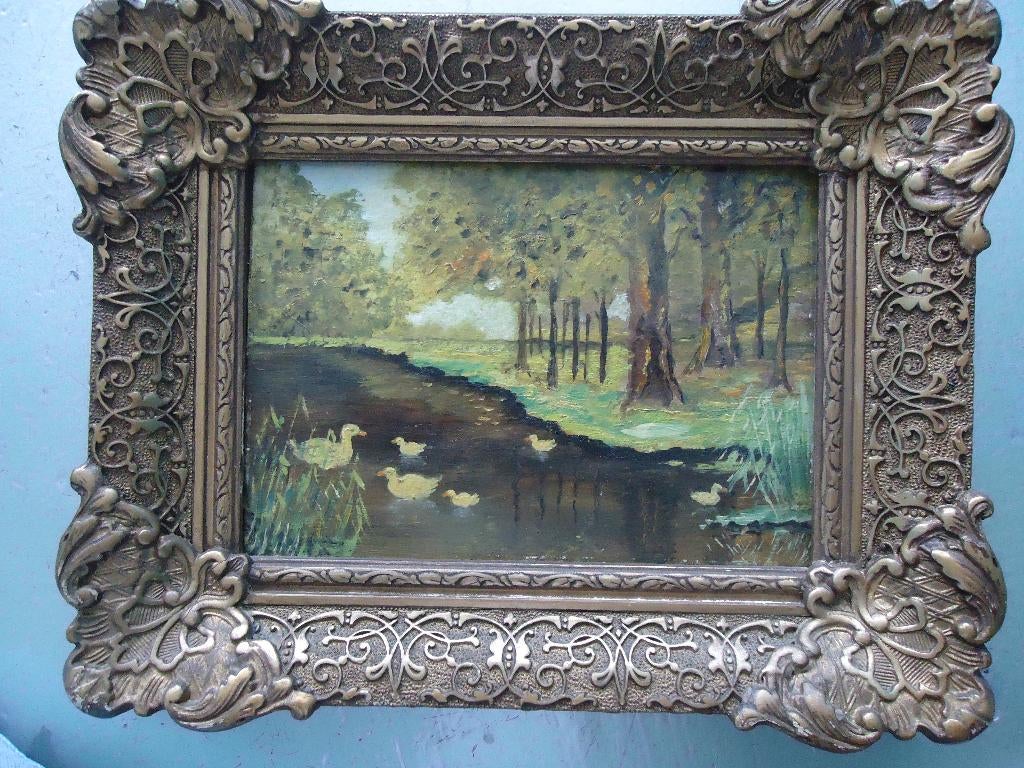 schilderij met brug en zwemmende eendjes, Antiek en Kunst, Ophalen of Verzenden