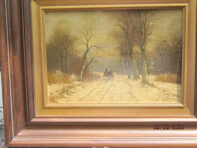 Mooi Winters Olieverf schild. met Karretje o/d weg,gesign., Ophalen of Verzenden