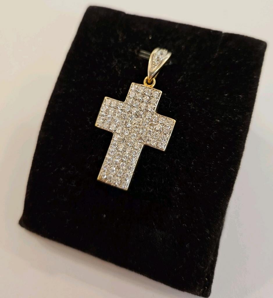 14 karaats gouden bicolor Kruis hanger bezet met stenen, Ophalen of Verzenden, Zo goed als nieuw, Kruis of Symbool, Goud