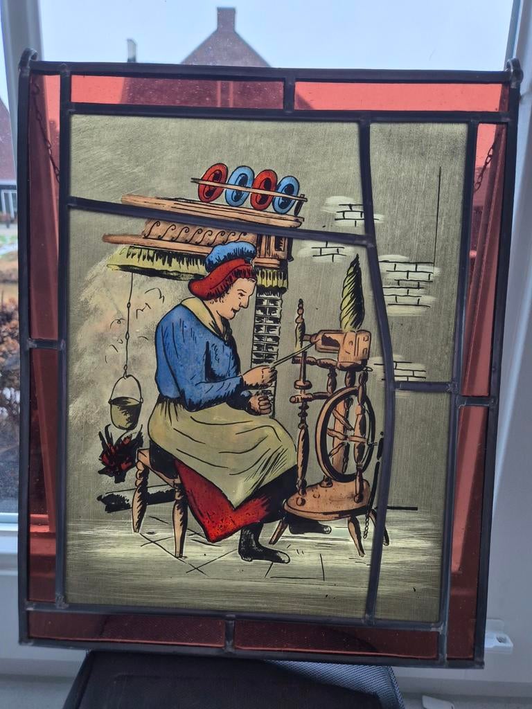 Vintage Glas-in-lood Raamhanger 'De Spinster' Nicolaes Maes, Antiek en Kunst, Ophalen of Verzenden
