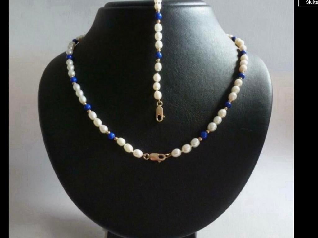 Vintage gouden set ketting en armband Lapis Lazuli Parels 14, Verzenden, Zo goed als nieuw, Met edelsteen, Goud