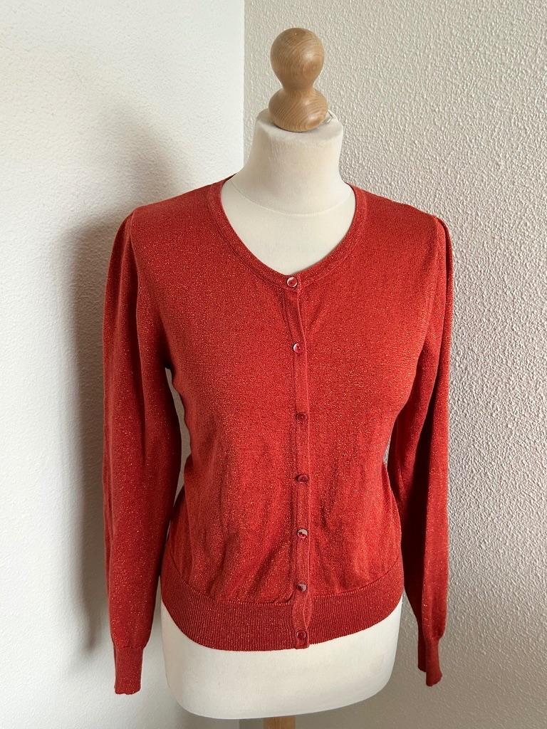 King Louie maat L roest rode glitter vest cardigan 2775, Maat 42/44 (L), Ophalen of Verzenden, Zo goed als nieuw, King Louie