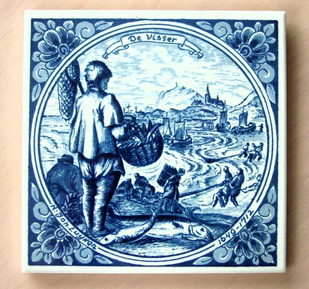 Delfts blauwe tegel oude ambacht "De Visser" Jan Luyken, Ophalen of Verzenden