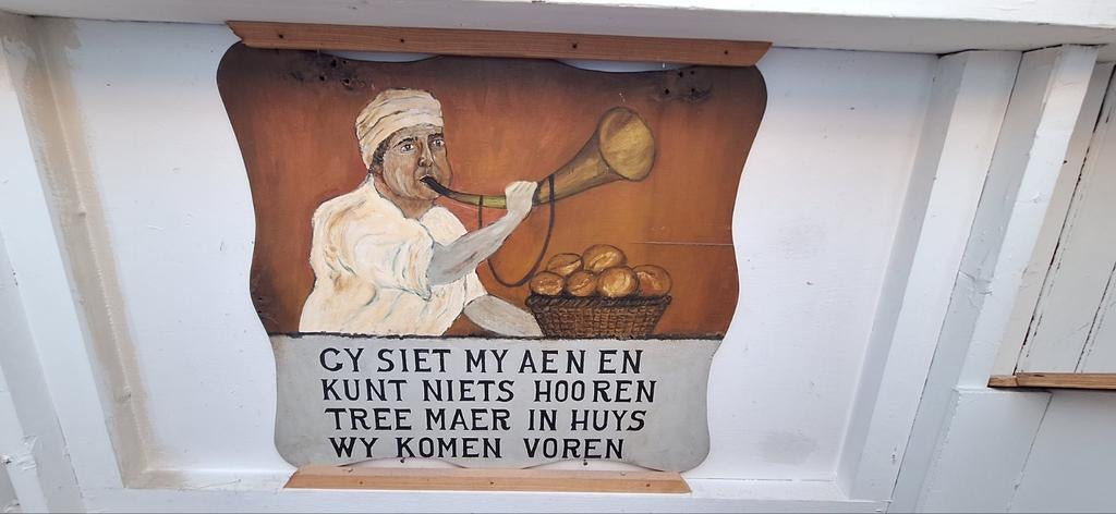 Antiek houten bakkers uithangbord met spreuk, Ophalen