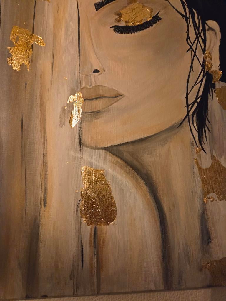Schilderij met gezicht en goudfolie, Antiek en Kunst, Kunst | Schilderijen | Modern, Ophalen of Verzenden