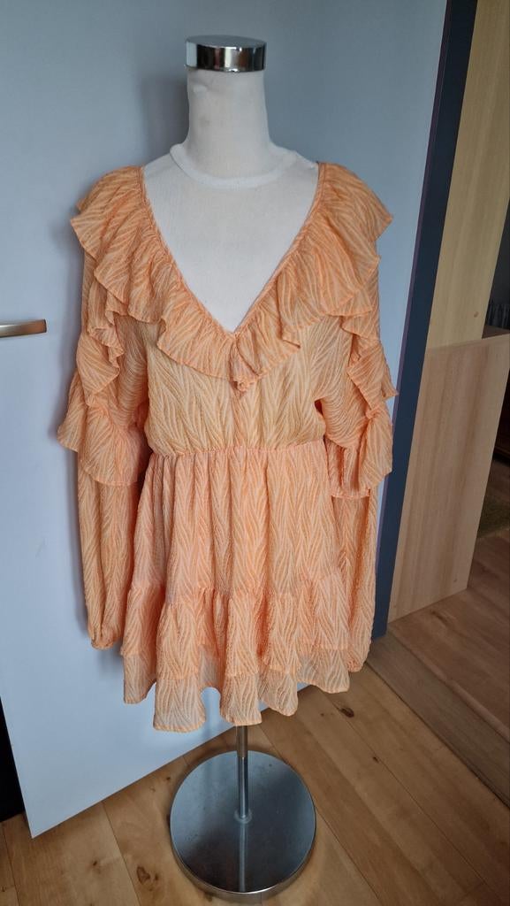 Loavies Oranje jurk met Ruches - Maat L, Kleding | Dames, Jurken, Zo goed als nieuw, Maat 42/44 (L), Oranje, Boven de knie, Ophalen of Verzenden