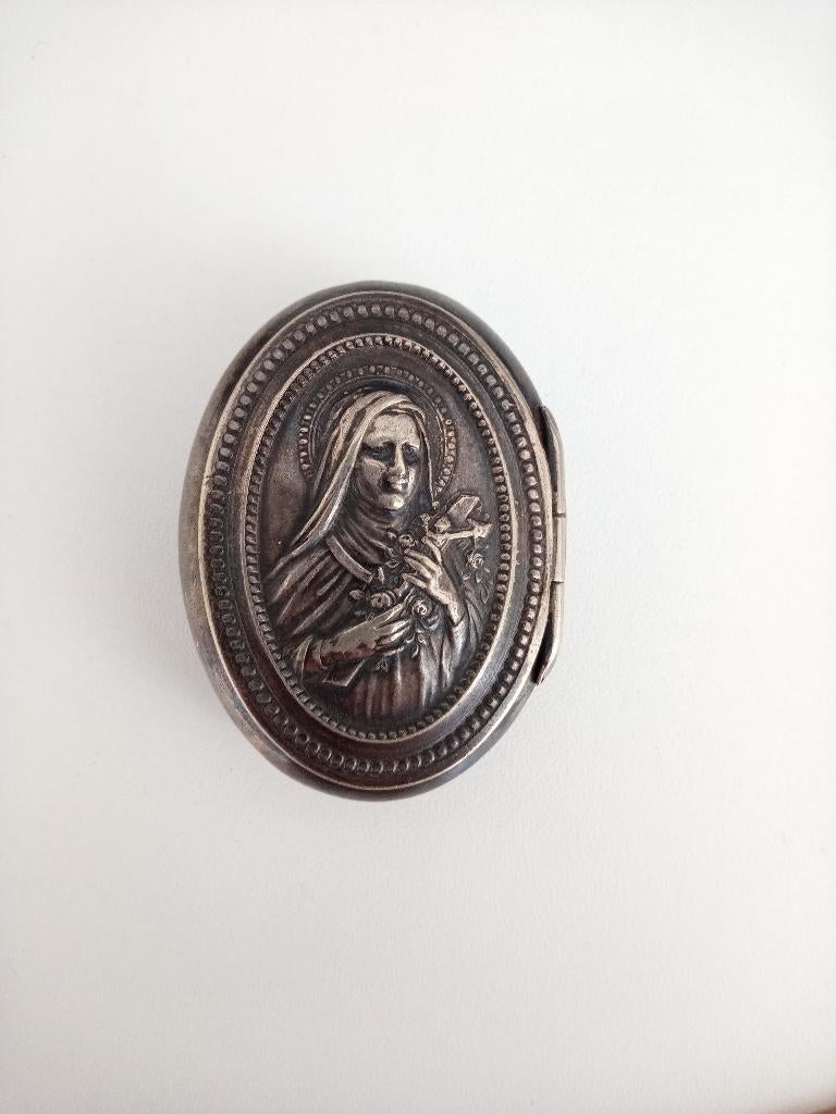 Antiek religieus rozenkrans doosje afbeelding Theresia, Antiek en Kunst, Antiek | Religie, Ophalen of Verzenden