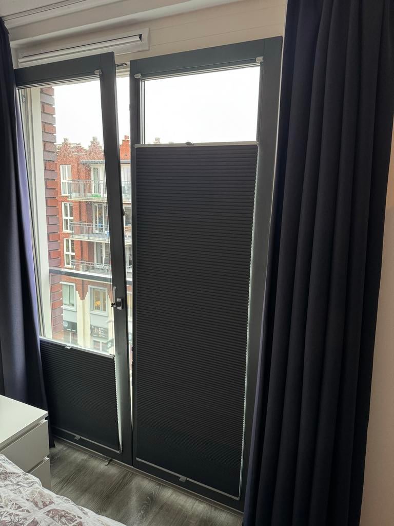 2 Plissé gordijnen Verduisterend Antraciet, Ophalen, Gebruikt, 200 cm of meer, 50 tot 100 cm