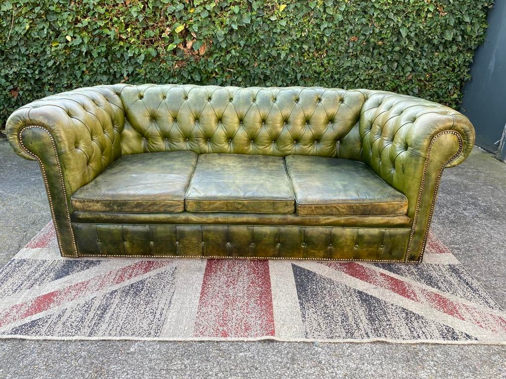 Orginele Engelse Vintage Chesterfield leren 3 - zits bank, Ophalen, Gebruikt, Chesterfield, Driepersoons