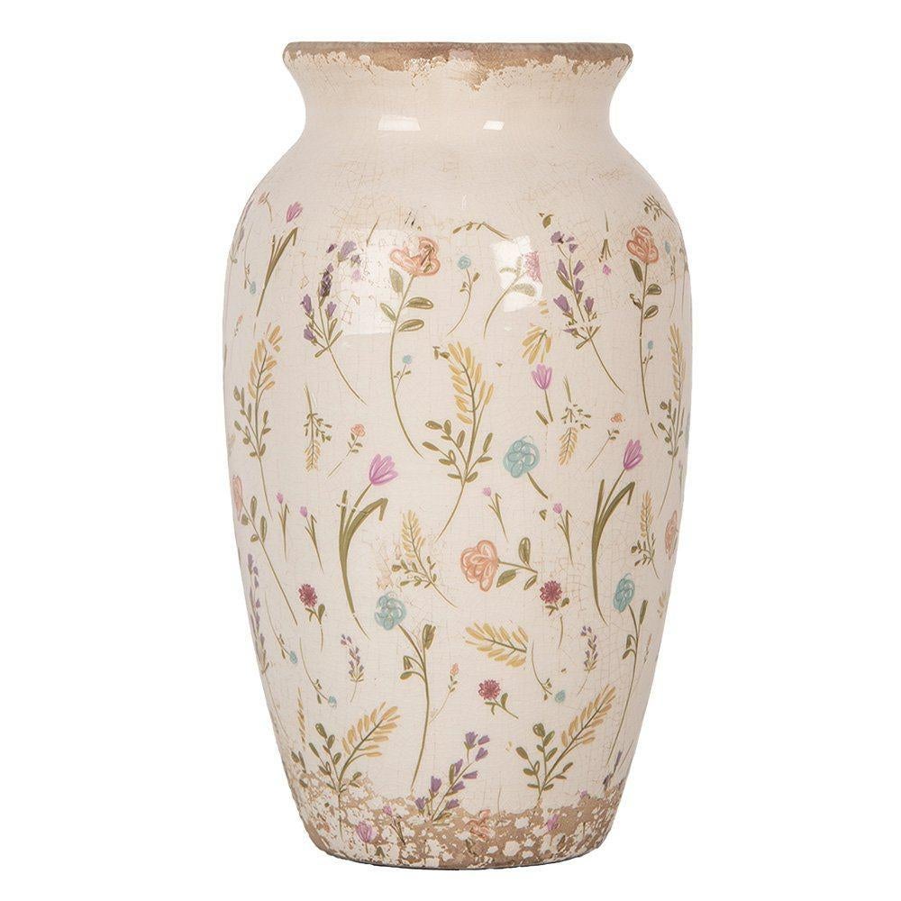 Clayre & Eef keramieken vaas beige met bloemenmotief, Overige kleuren, Aardewerk of Porselein, Nieuw, Ophalen of Verzenden
