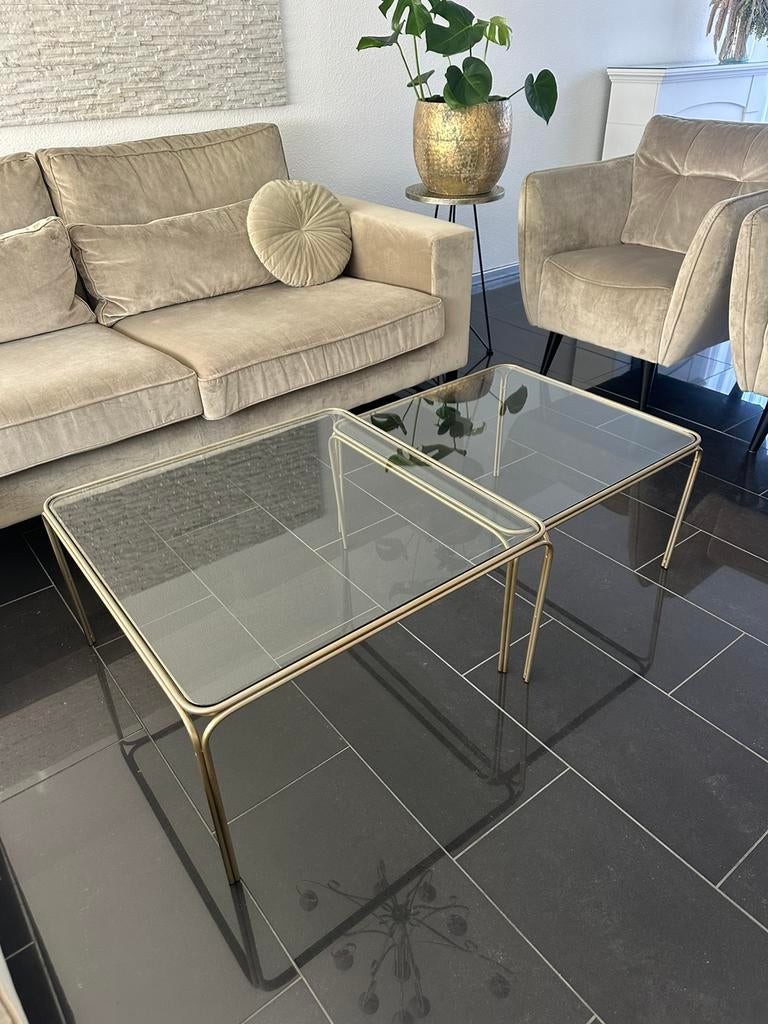 Salontafels 2 stuks goud met glas, Ophalen, 50 tot 100 cm, Rond, Minder dan 50 cm