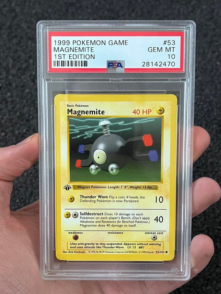 Pokémon PSA 10 1st edition Magnemite #53 Base set, Ophalen of Verzenden, Zo goed als nieuw, Losse kaart, Foil