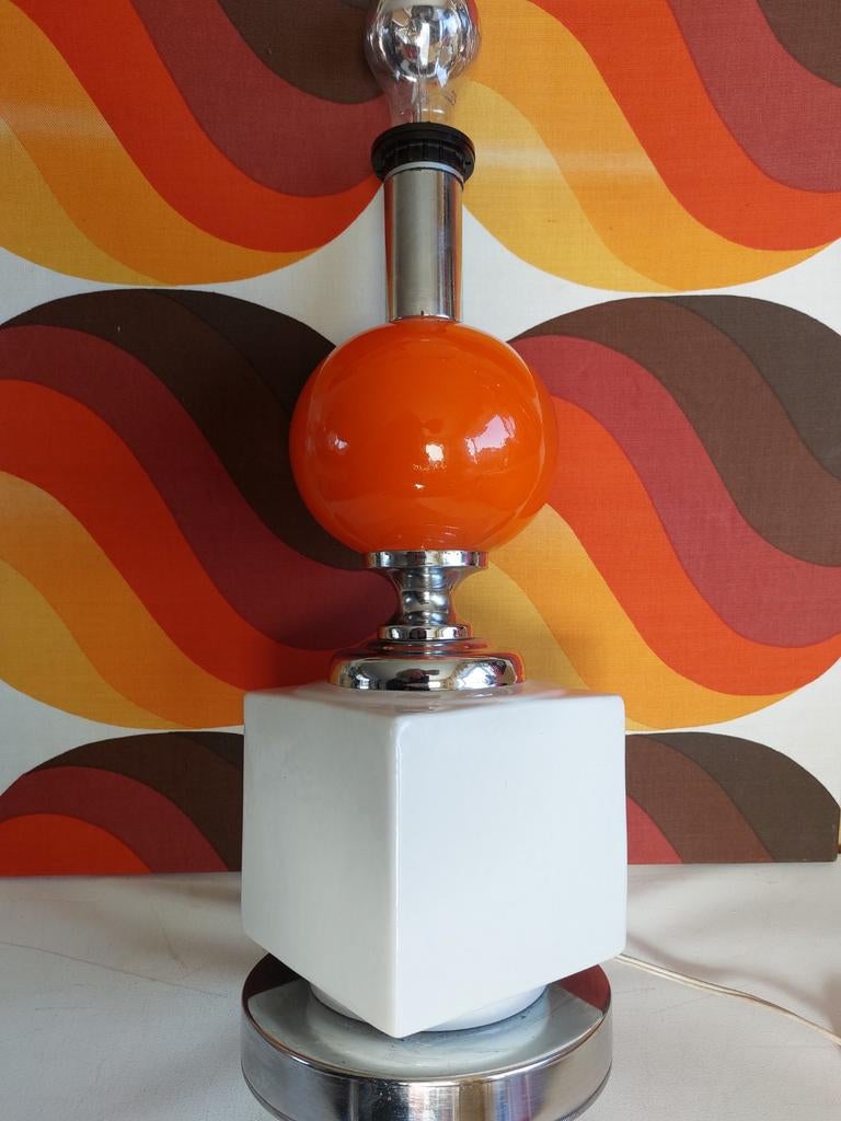 Vintage retro lamp Oranje Bol Wit Keramiek Chroom Jaren 70, Ophalen of Verzenden, Huis en Inrichting