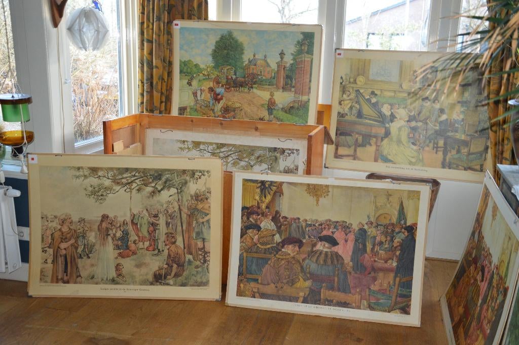 5 oude schoolplaten voor de Vaderlandsche Geschieden, Ophalen of Verzenden, Geschiedenis