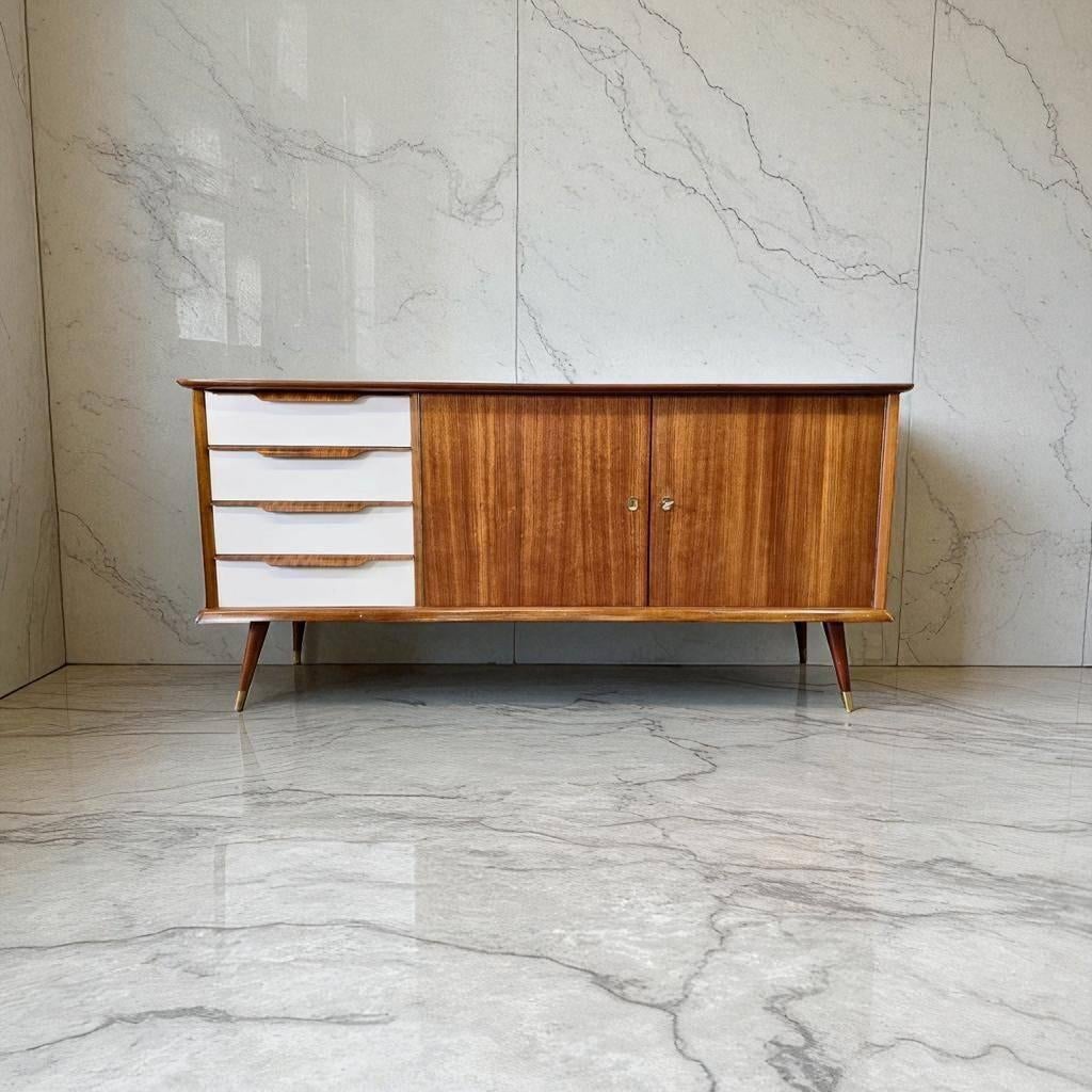 Vintage houten dressoir met witte lades in formica, Ophalen, Gebruikt, 50 tot 70 cm, 105 cm of meer