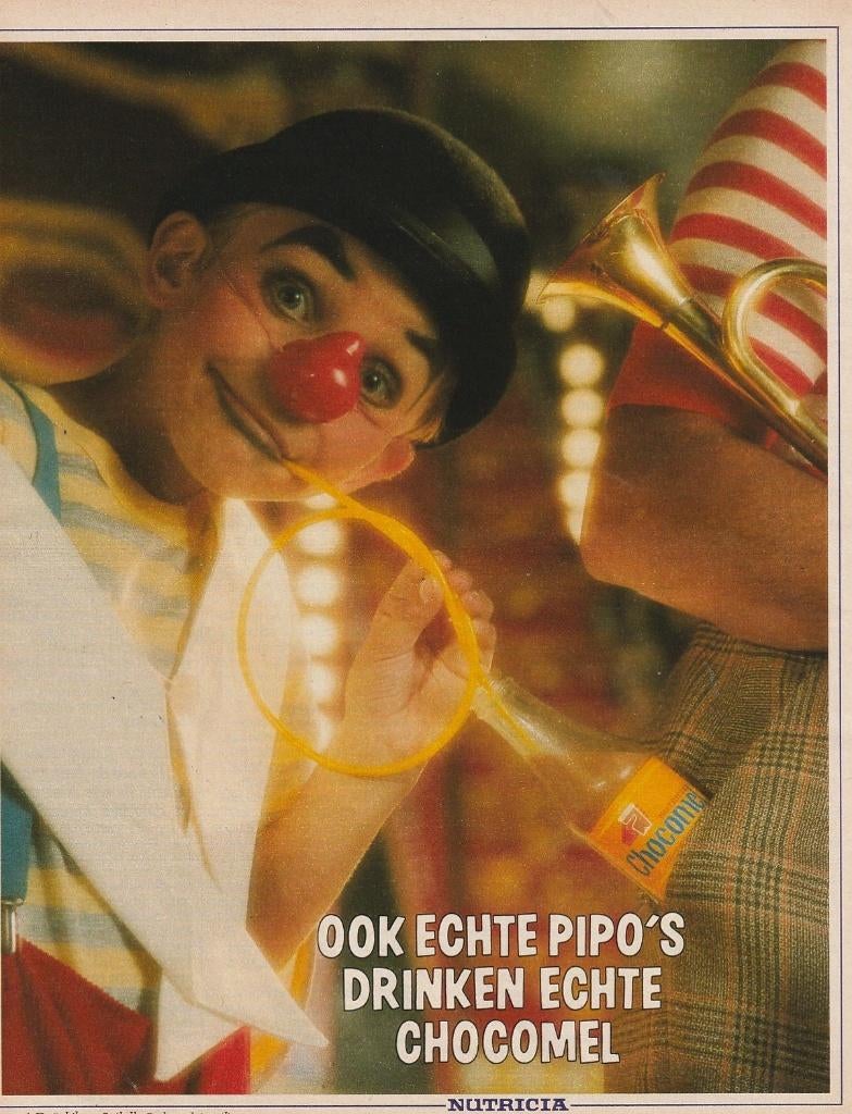 Retro reclame 1986 Nutricia Chocomel zuivel frisdrank clown, Verzenden, Overige typen